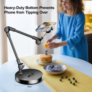 professional mobile stand for vlogging, carbon steel phone holder, overhead video phone stand, adjustable desktop mobile bracket.